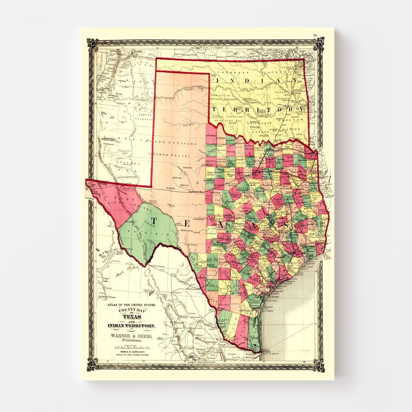 Vintage Map of Texas, 1874