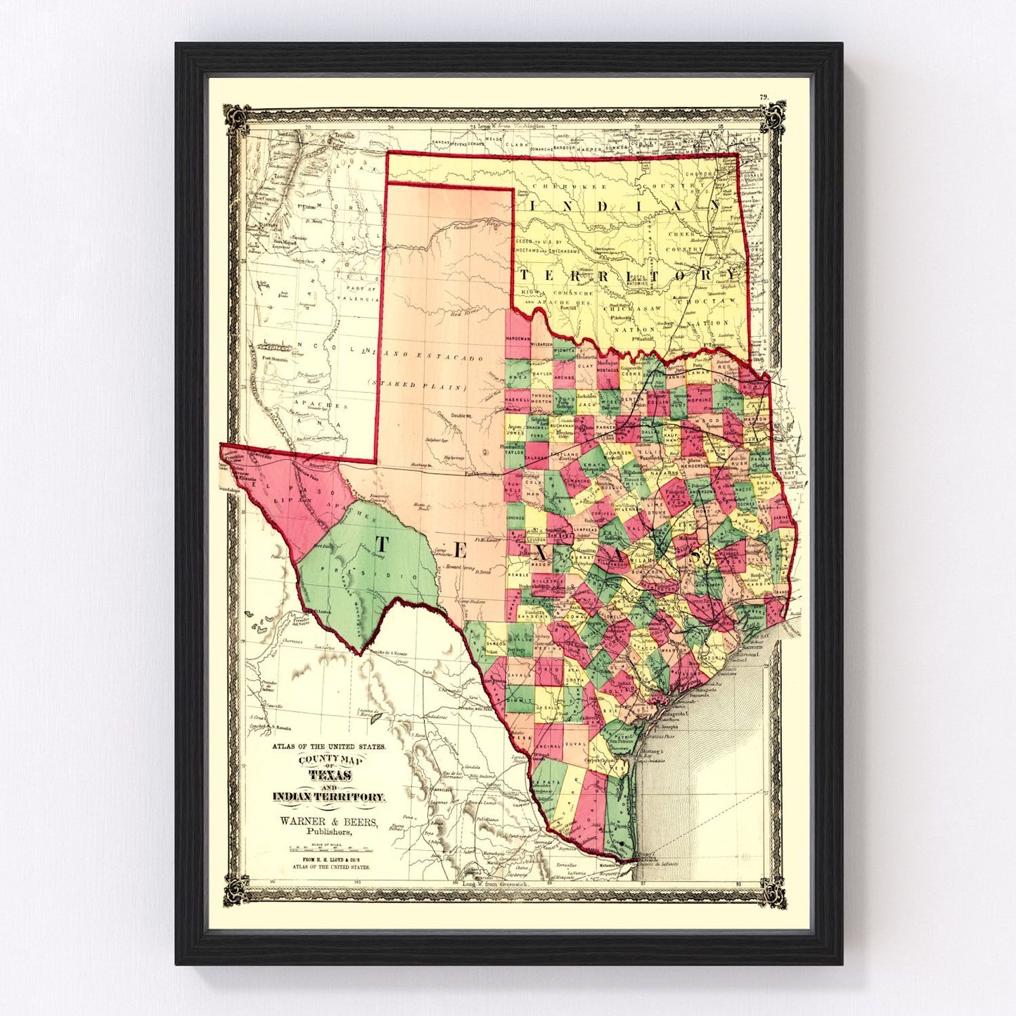vintage map of Texas, 1874