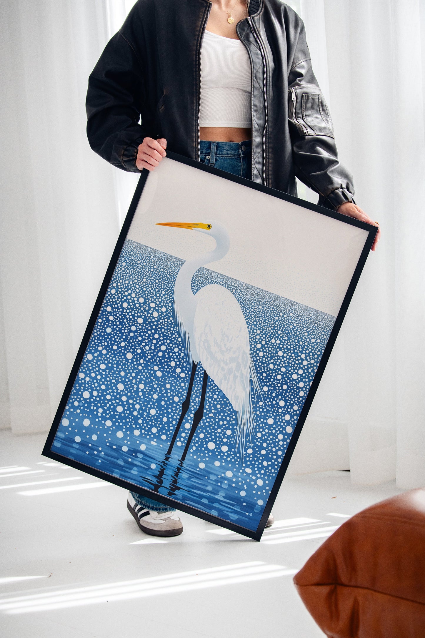 White Egret in Snowfall - Minimalist Bird Wall Art