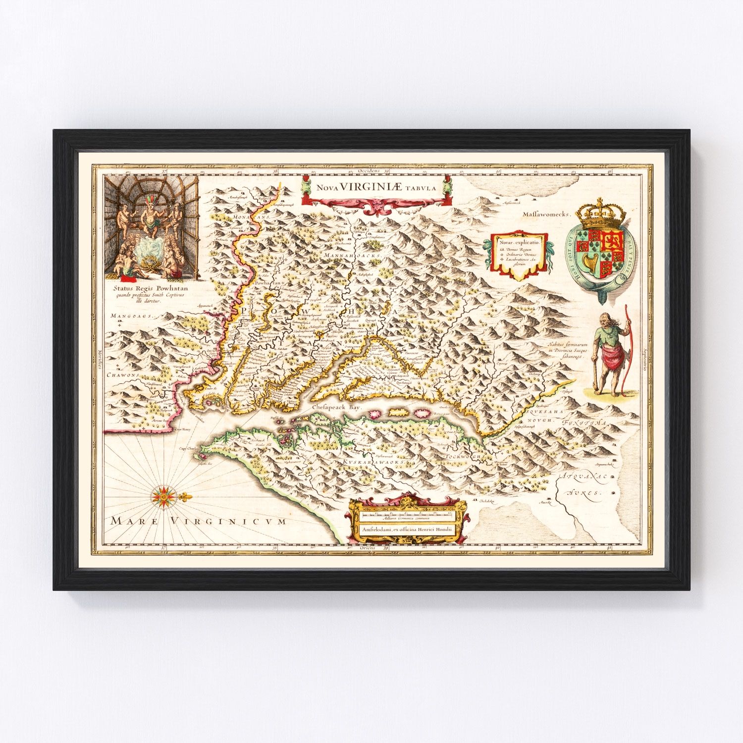Vintage map of Virginia, 1644, early colonial Chesapeake Bay, restored