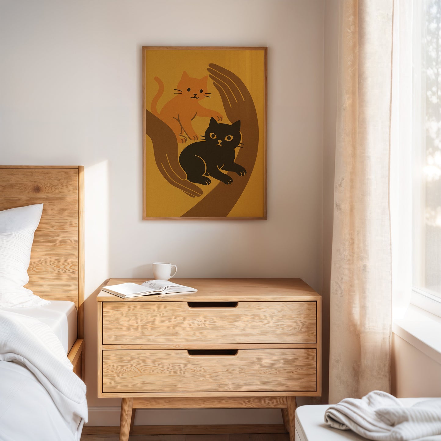 Two Cats Embrace Minimalist Cat Wall Art Print