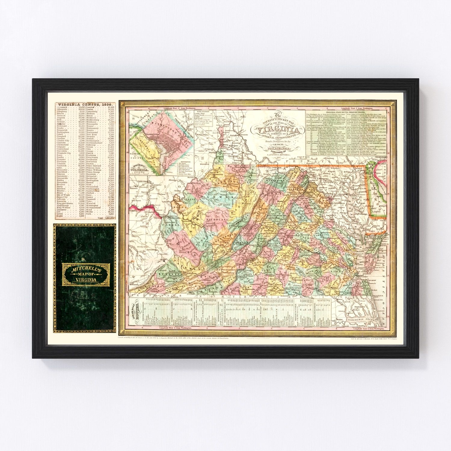 Vintage map of Virginia, 1834, digitally restored