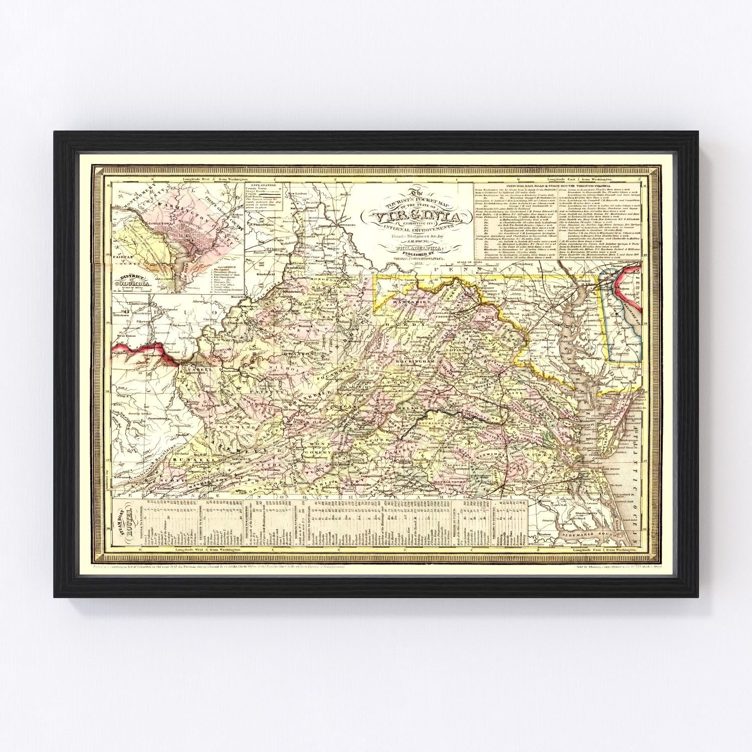 Vintage map of Virginia, 1853, antebellum, digitally restored