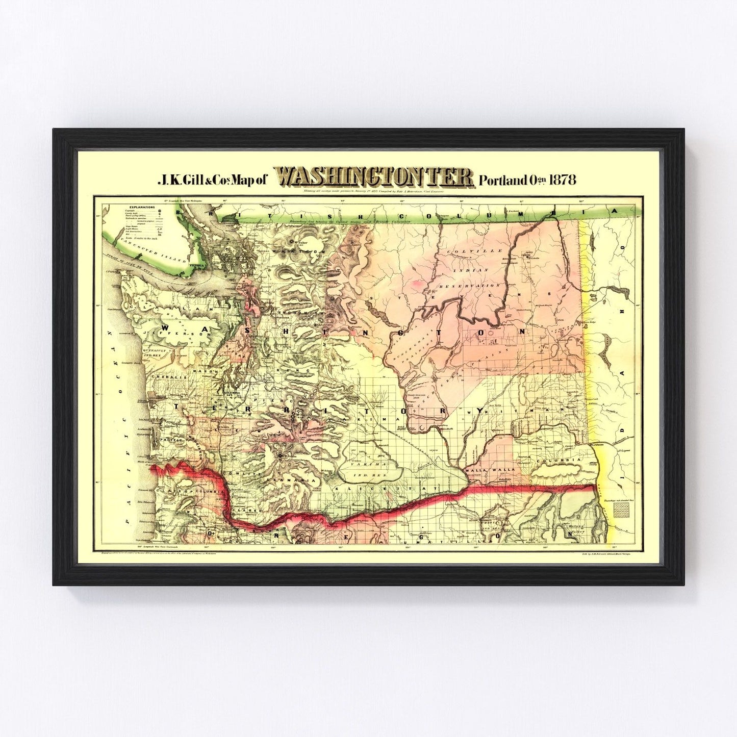 Vintage map of Washington Territory, 1878, early Pacific Northwest, digitally restored
