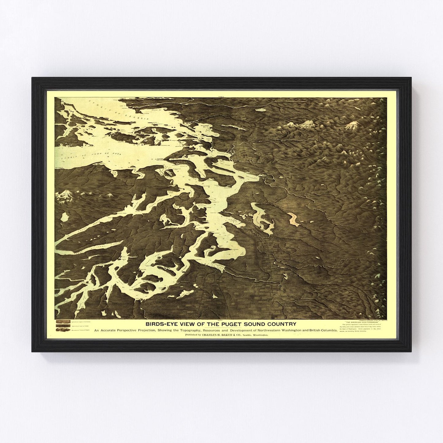 Vintage map of Washington State, 1891, showing Cascade and Olympic ranges two years after statehood