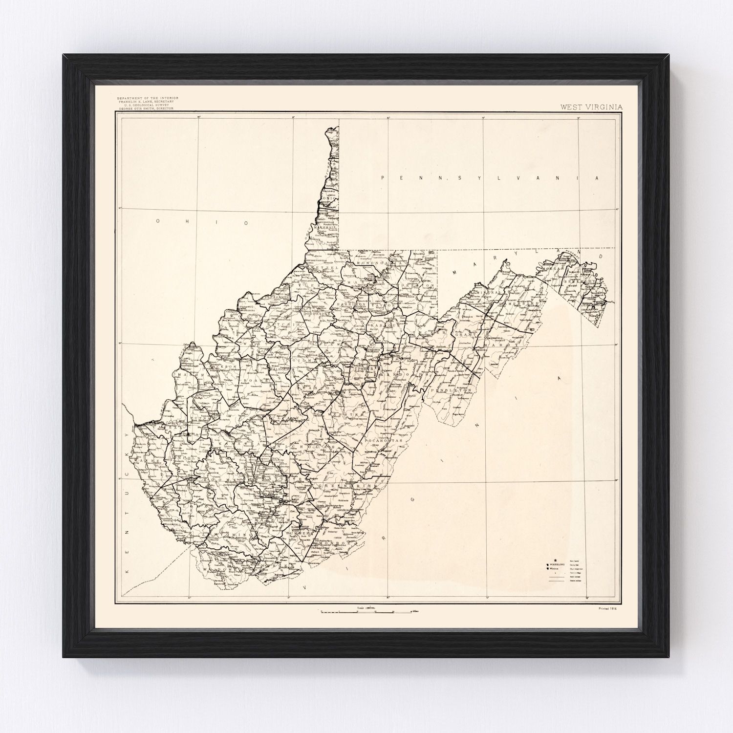 Vintage map of West Virginia, 1916 - Appalachian counties restored print