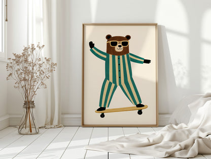 Cool Bear on Skateboard Retro Kids Wall Art