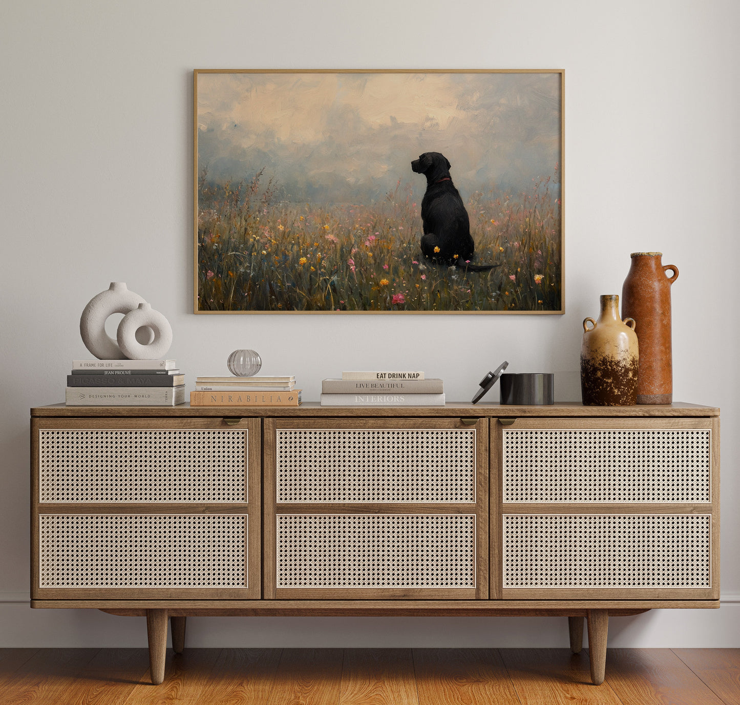 Black Lab in Wildflowers Rustic Dog Art Print