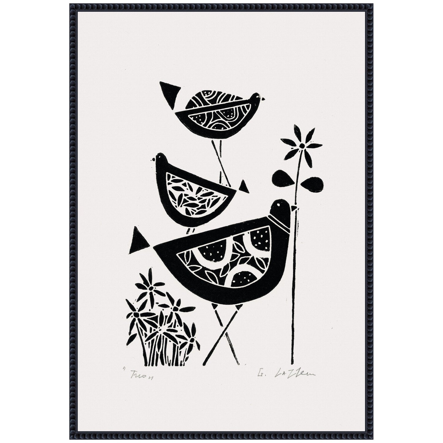 Folk Bird Family Trio Linocut Framed Canvas Wall Art