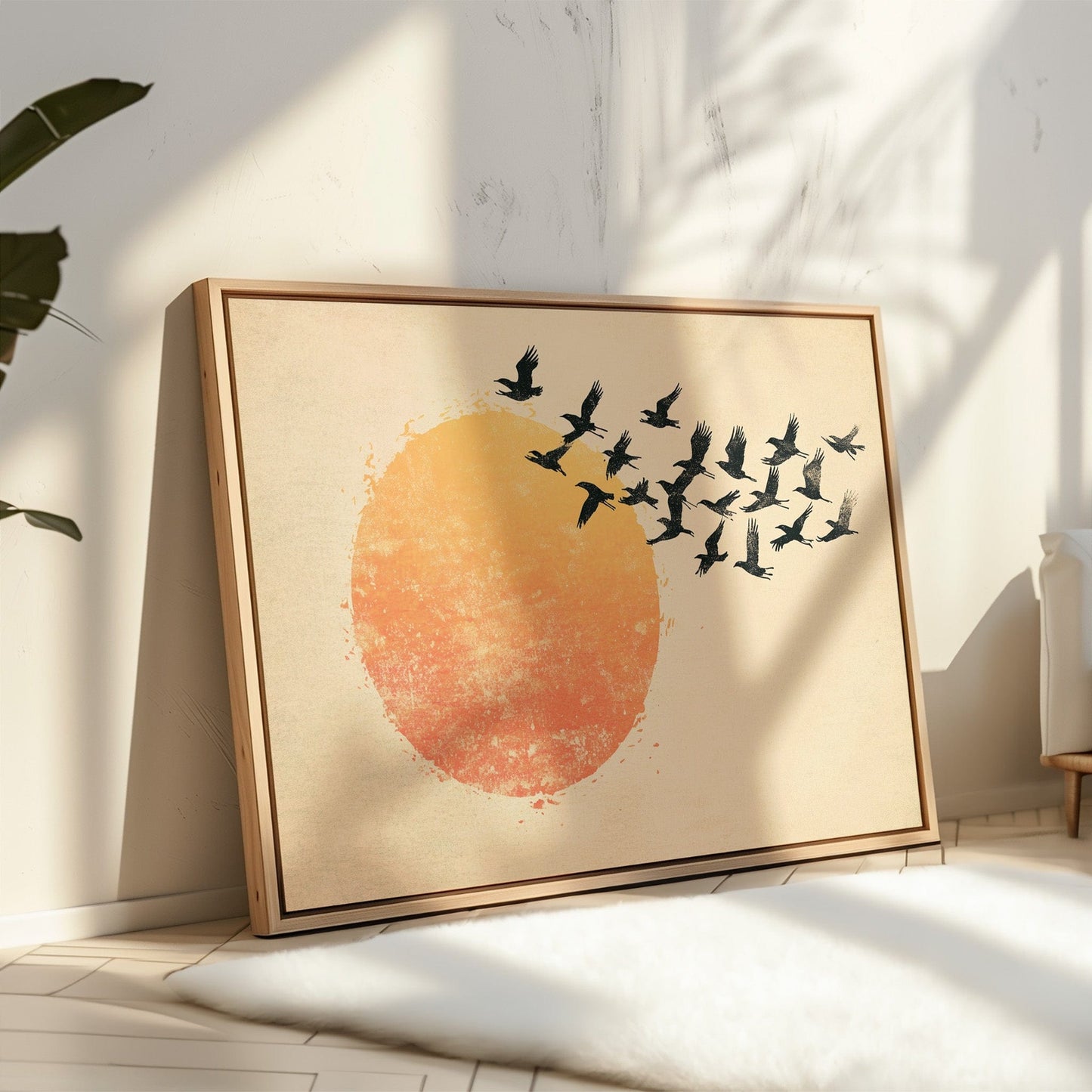 Japanese Birds and Sun Wall Art - Vintage Ink Print