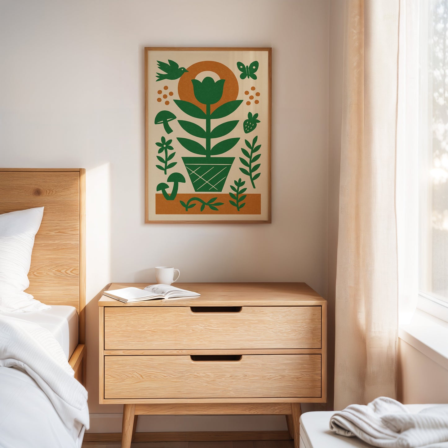 Folk Garden Wall Art - Bird, Butterfly and Tulip Print