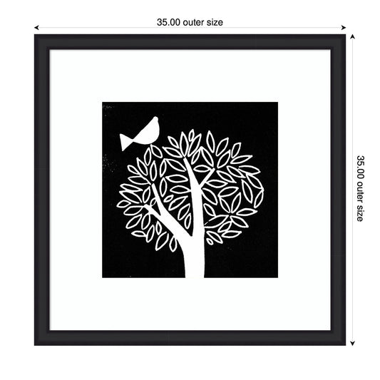 Black and White Bird Tree Linocut Framed Wall Art Print