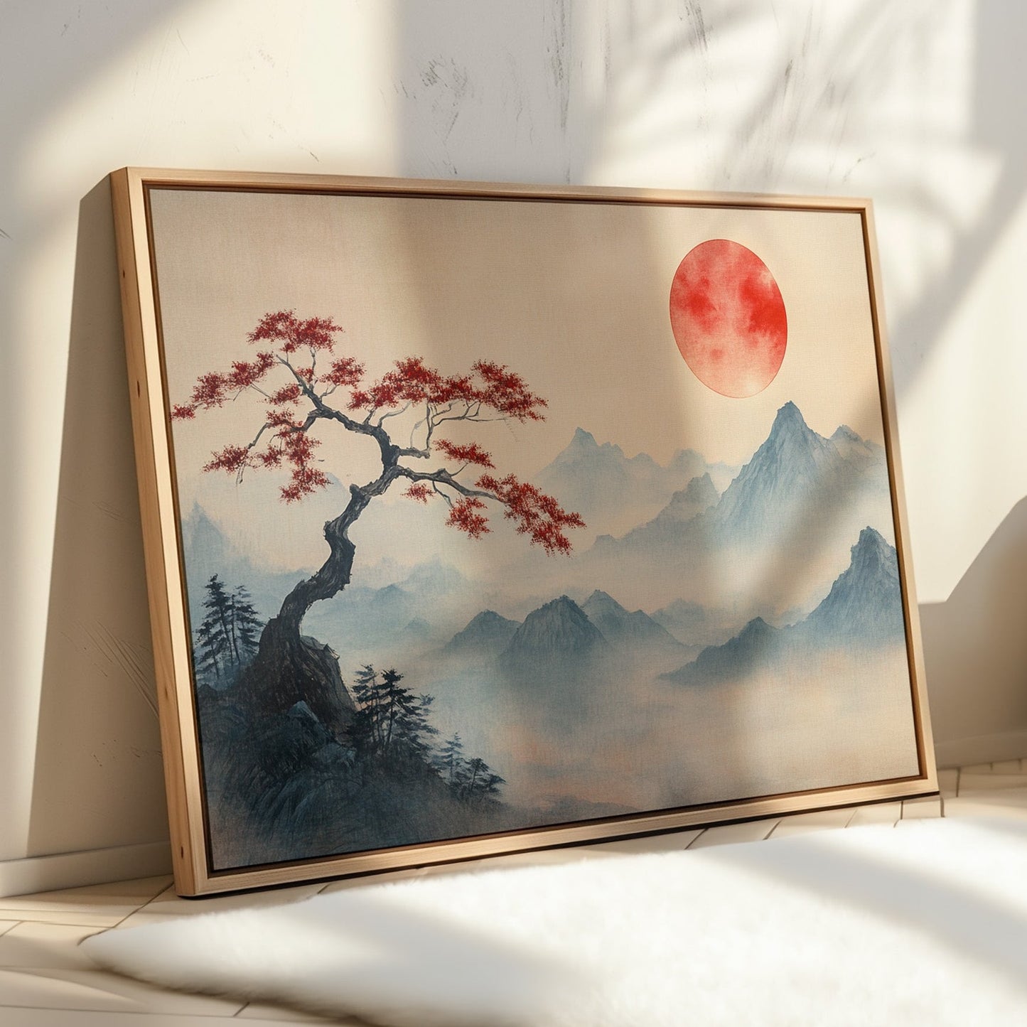Japanese red sun and bonsai mountain sumi-e giclee wall art print