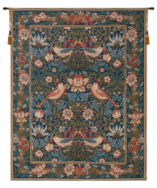 Woven French tapestry of birds in foliage, cotton-blend boho wall hanging