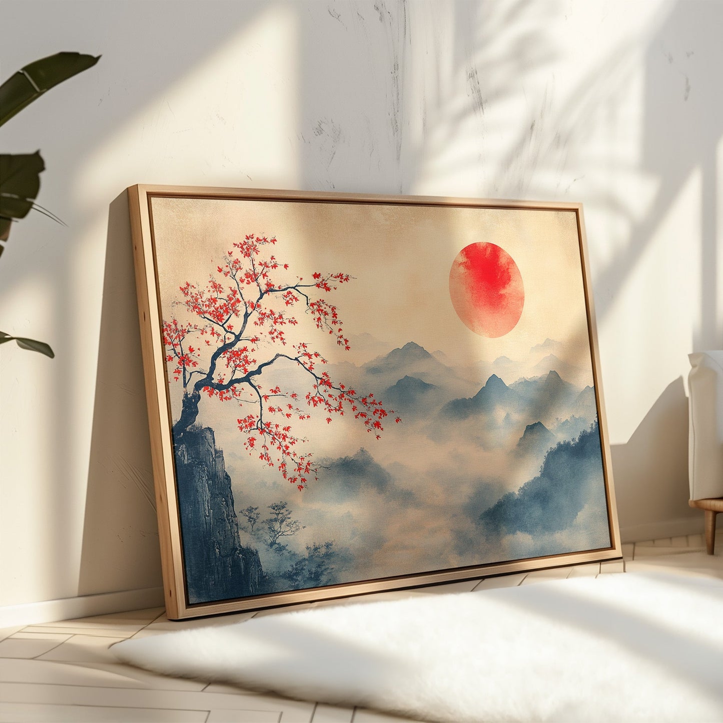 Japanese Red Sun and Misty Mountain Wall Art Print