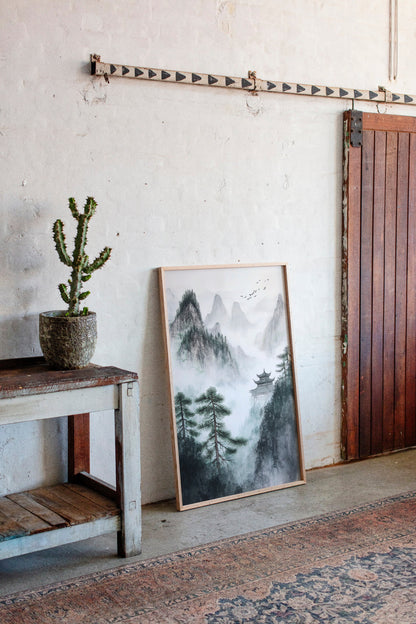 Misty Mountain Zen Wall Art Print - Chinese Ink Landscape