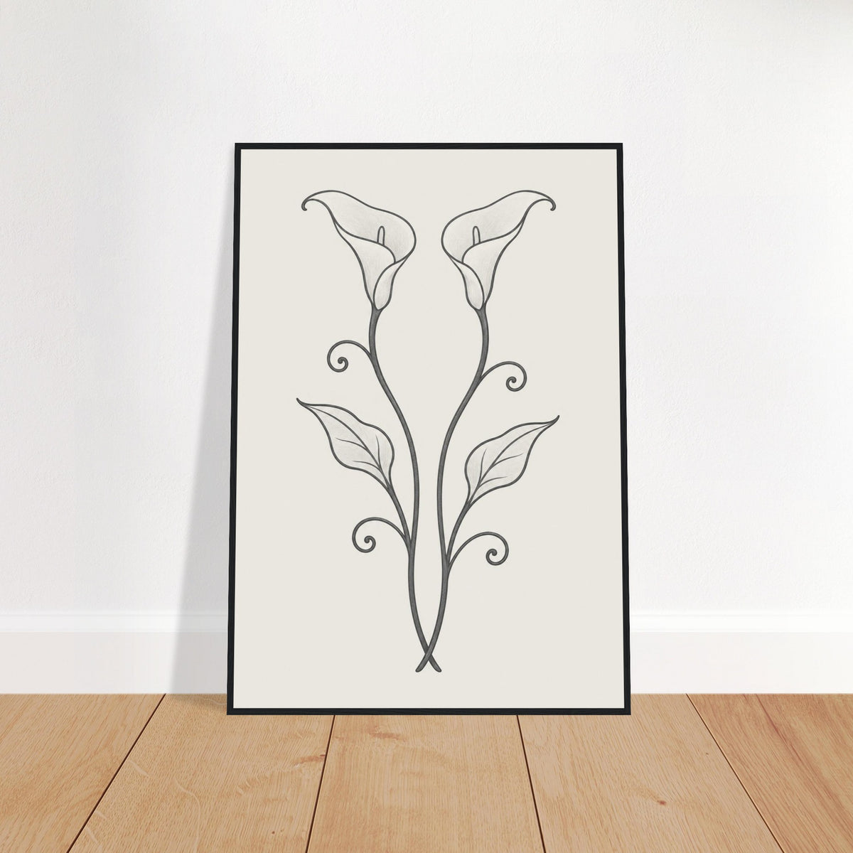 Calla lily wall art drawn like wrought ironwork in a black frame, the recommended frame