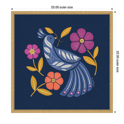Boho Folk Art Bird Blue and Gold Framed Canvas Wall Art