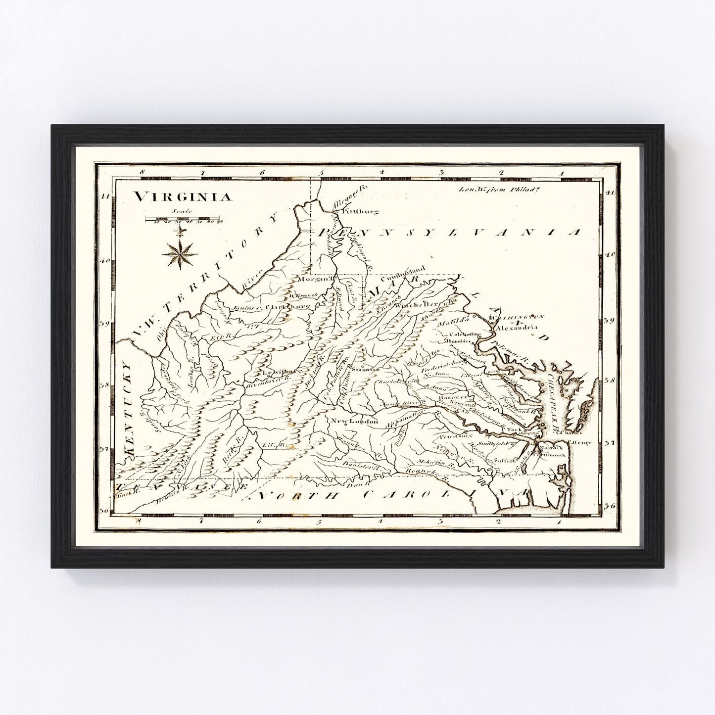 Vintage map of Virginia, 1795, post-Constitutional era, digitally restored