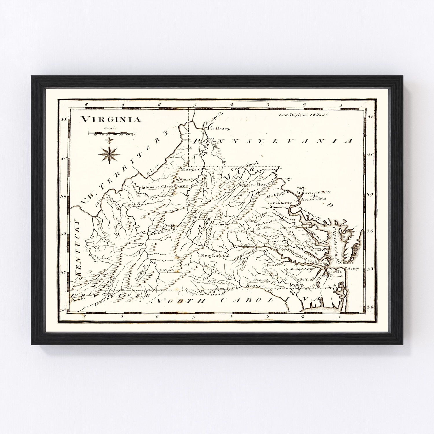 Vintage map of Virginia, 1795, post-Constitutional era, digitally restored