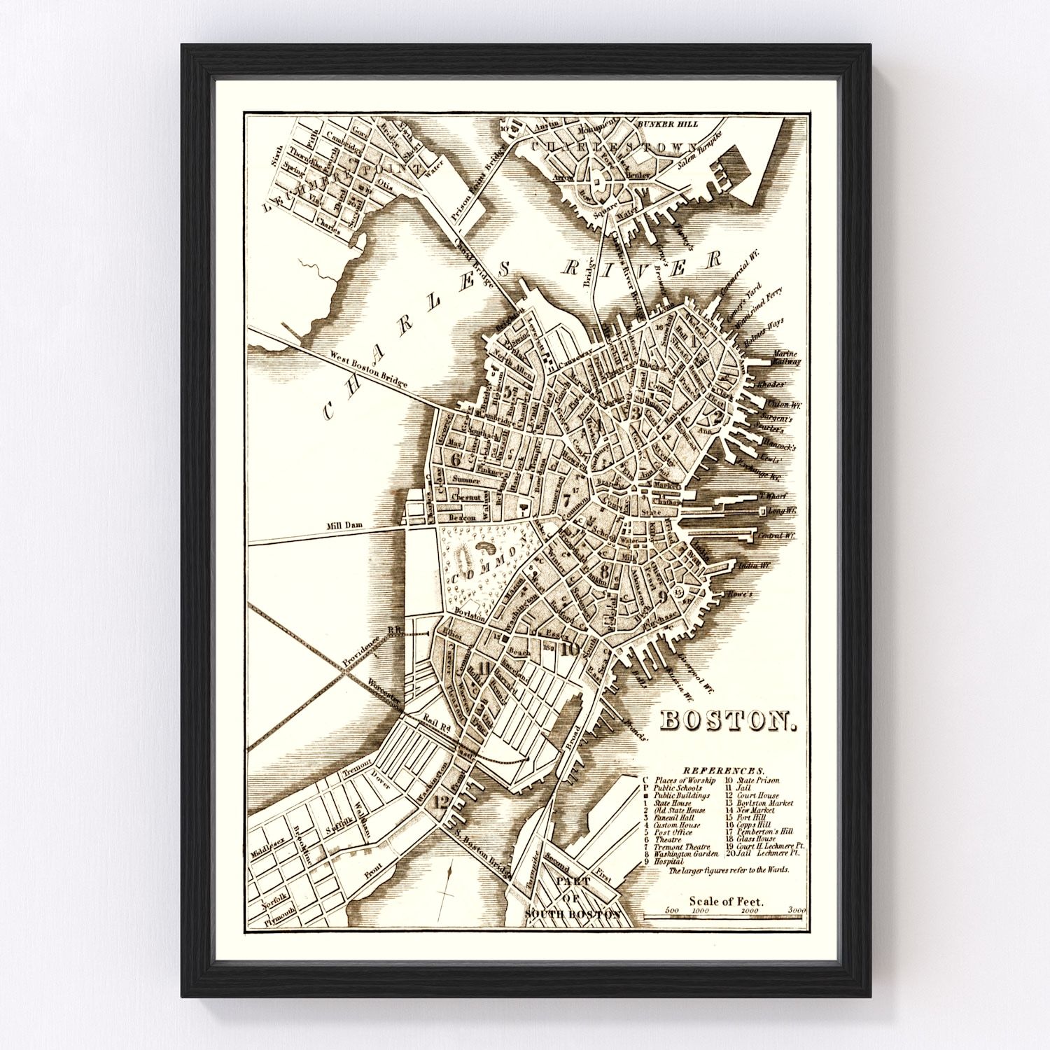vintage map of Boston Massachusetts 1844, restored print wall art