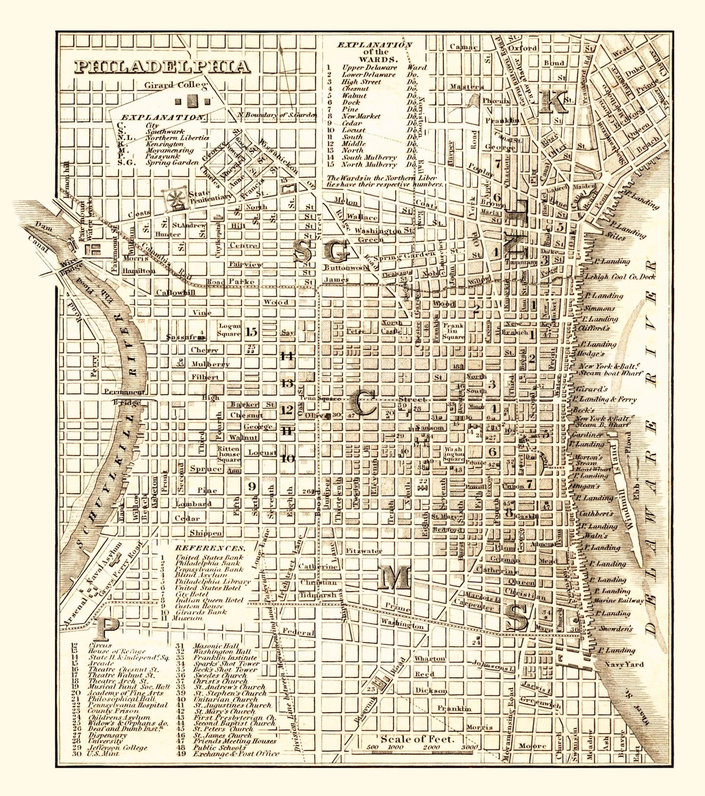 Vintage Map of Philadelphia, Pennsylvania, 1844, No. 2