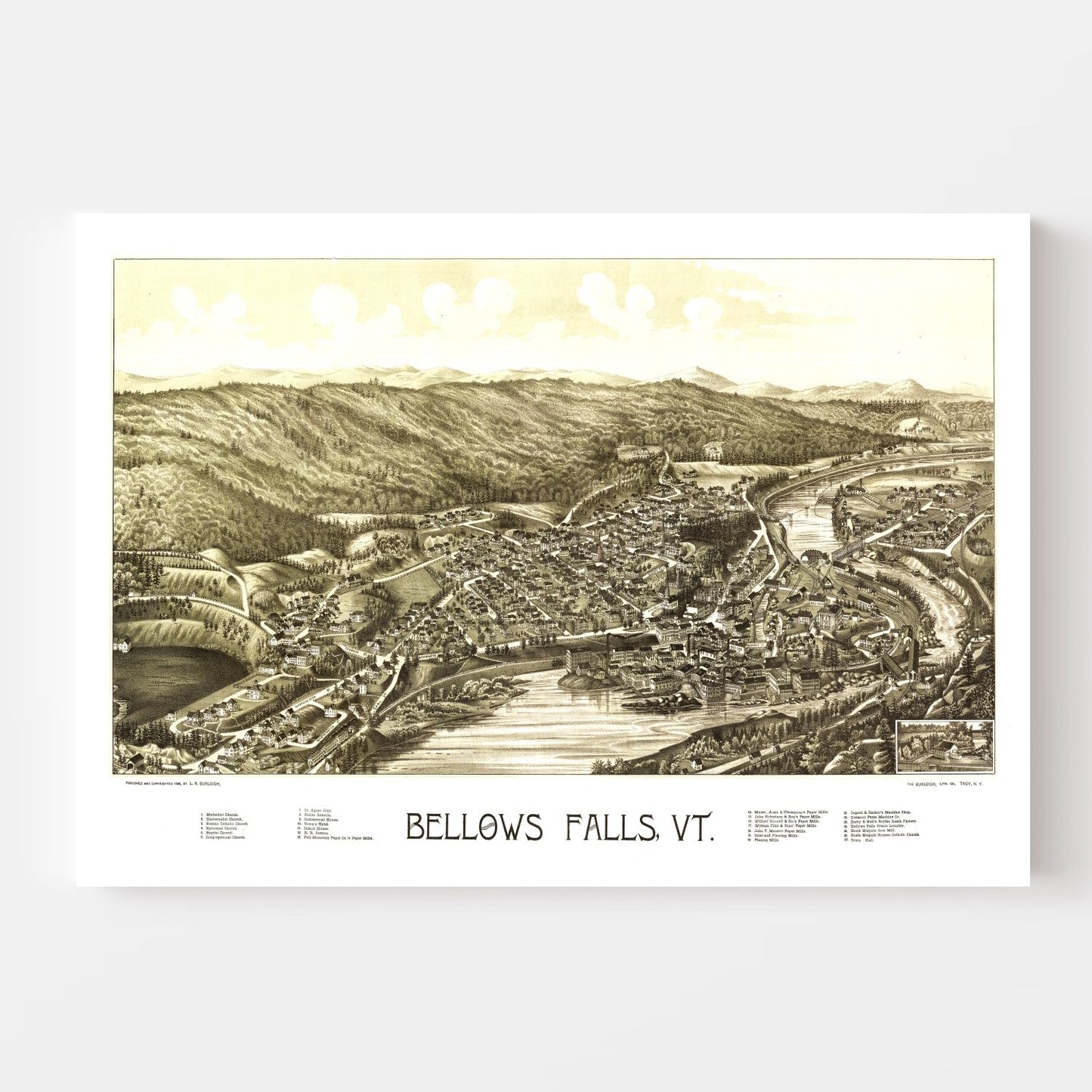 Vintage Map of Bellows Falls, Vermont, 1886