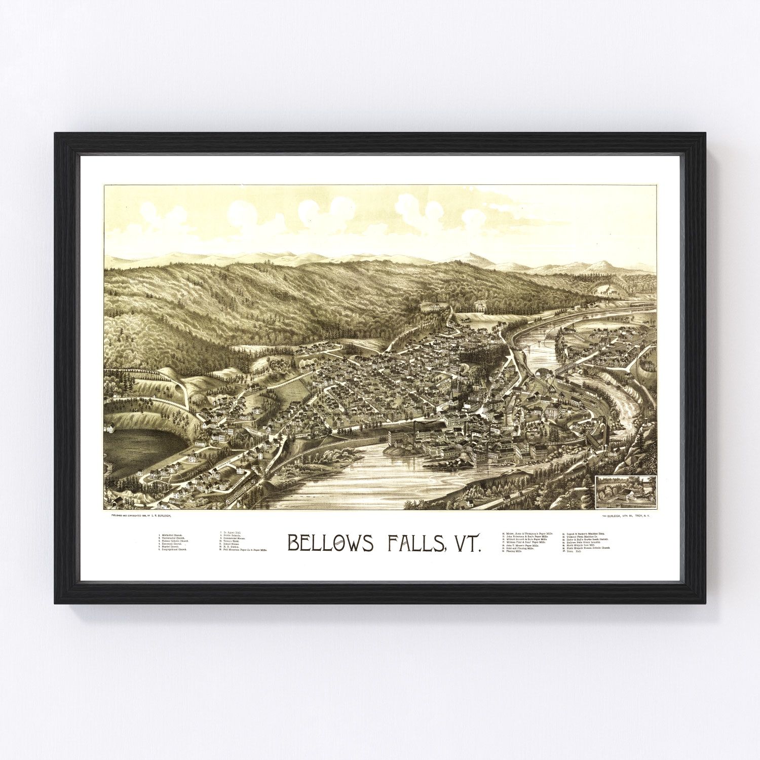 Vintage map of Bellows Falls, Vermont, 1886
