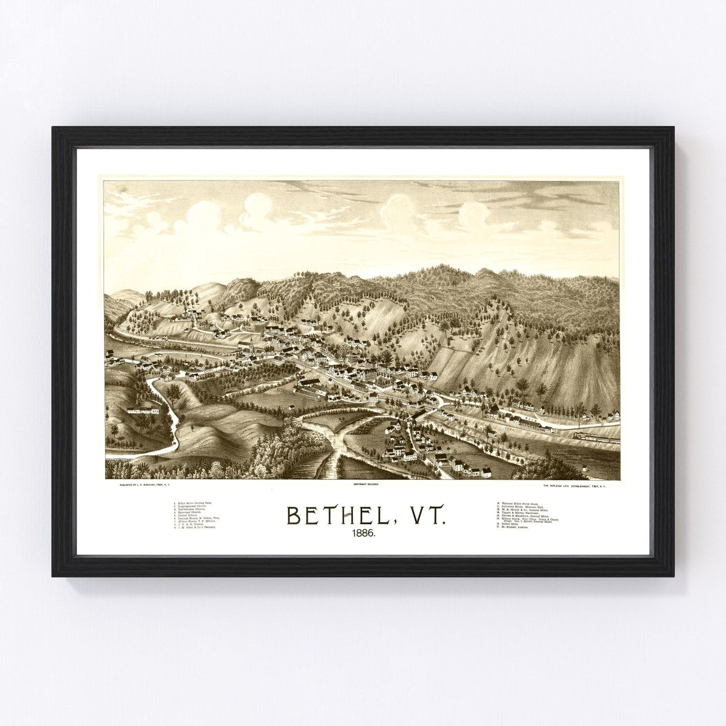 Vintage map of Bethel, Windsor County, Vermont, 1886, restored print