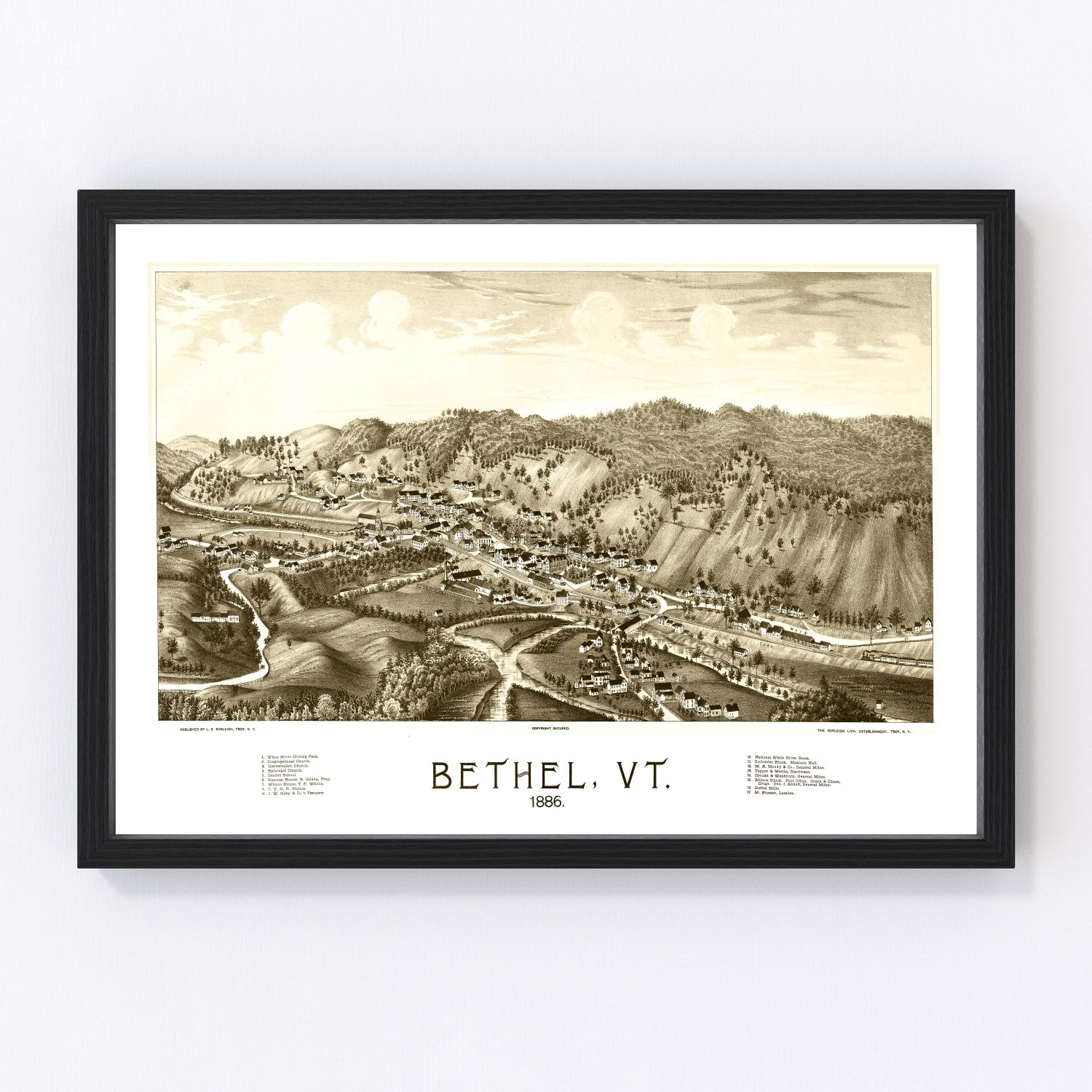 Vintage map of Bethel, Windsor County, Vermont, 1886, restored print