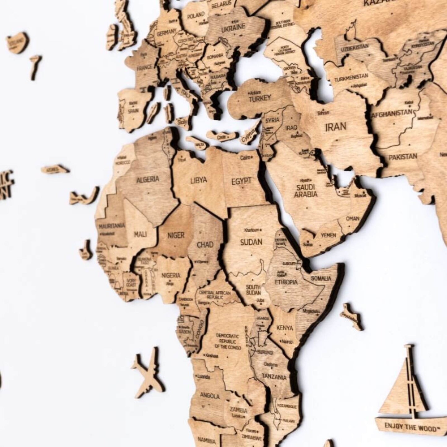3D Wooden World Map Wall Art - Light