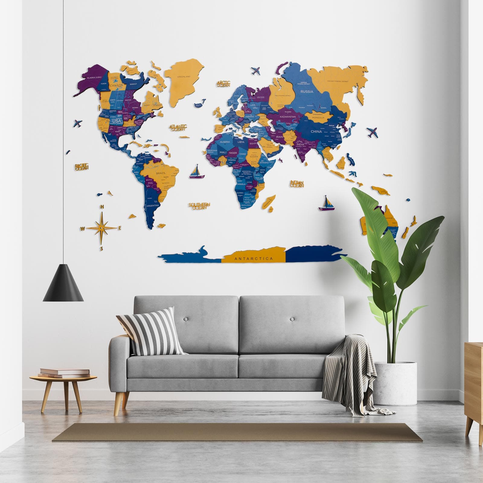 3D wooden world map wall art in Waterpark palette