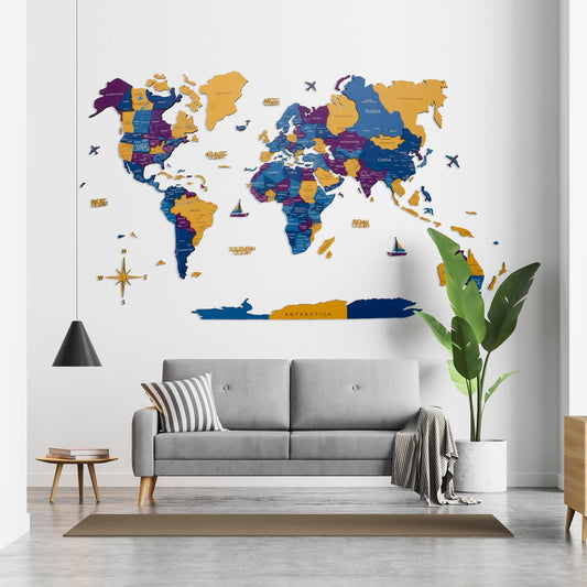3D wooden world map wall art in Waterpark palette