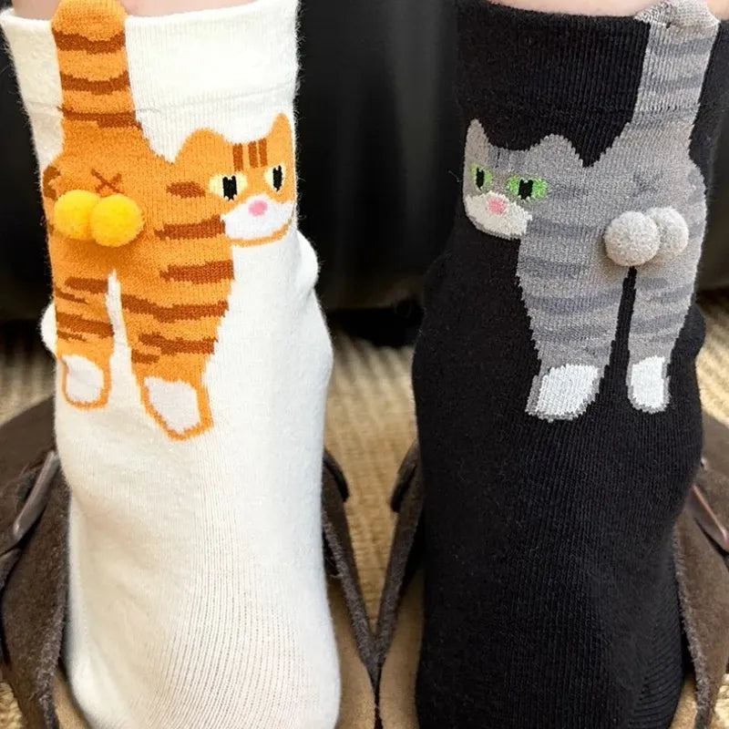 3D cat butt socks with pom-pom tail closeup detail view