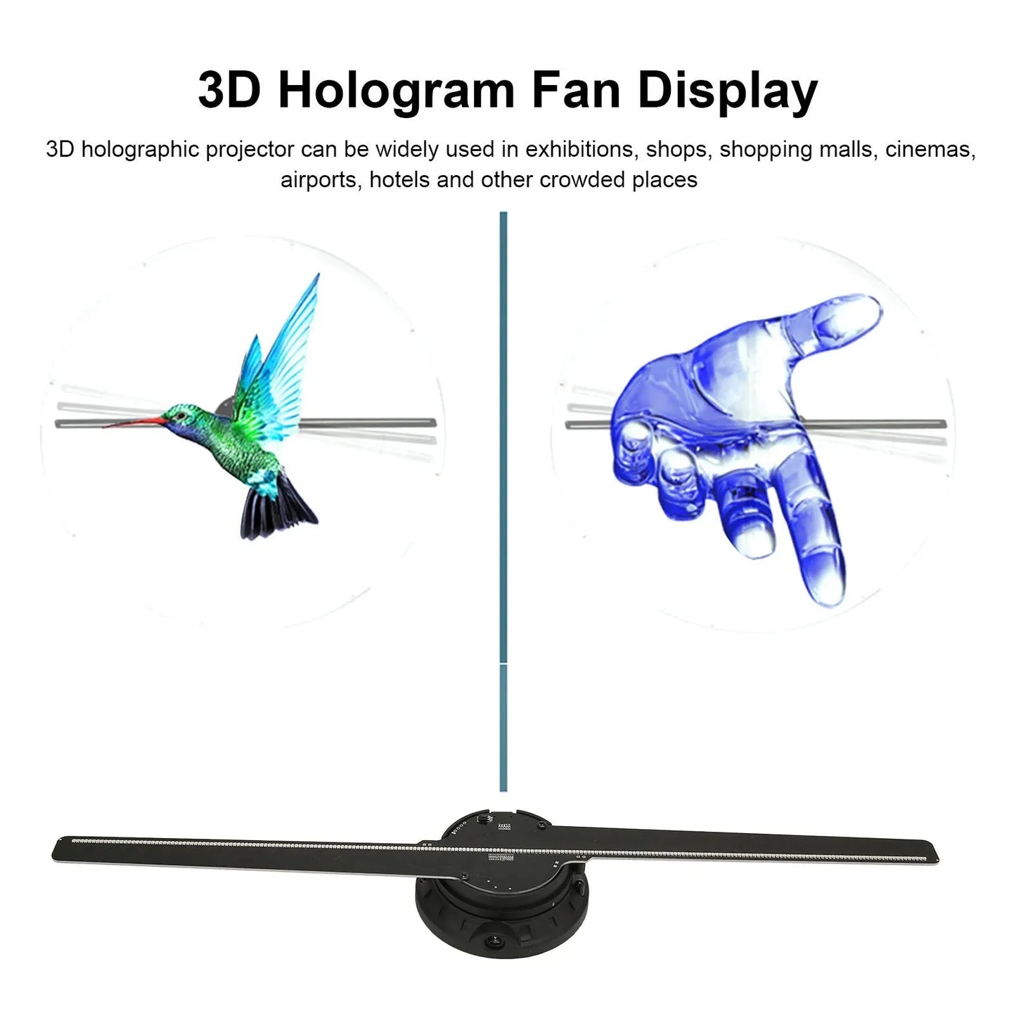 3D hologram fan display projecting hummingbird and hand visuals for business advertising