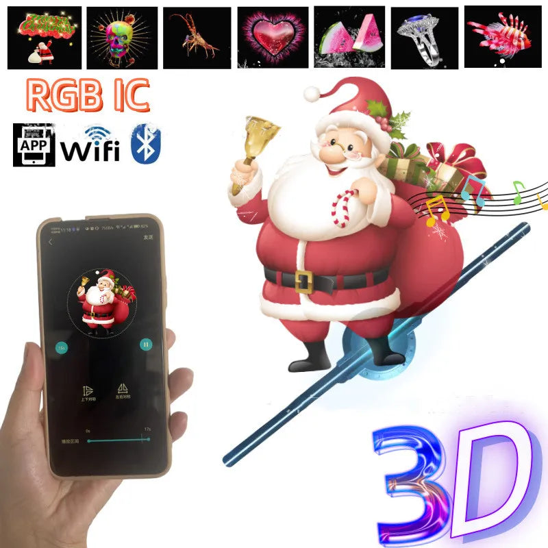 3D hologram fan displaying floating Santa image with WiFi app control on smartphone