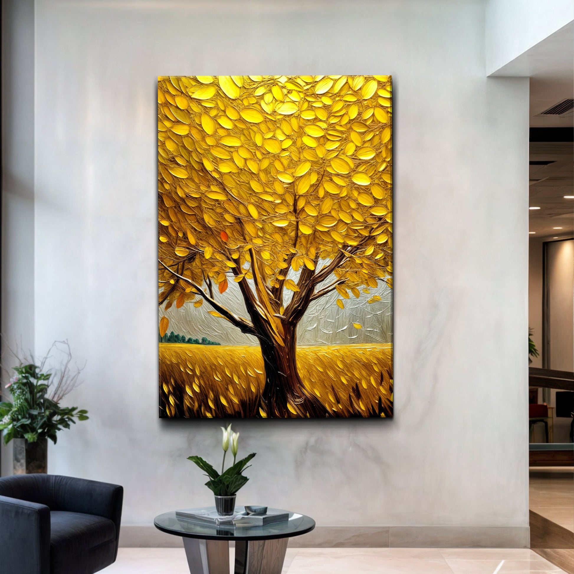 Golden tree breeze canvas wall art with tree in golden tones swaying in wind against warm background