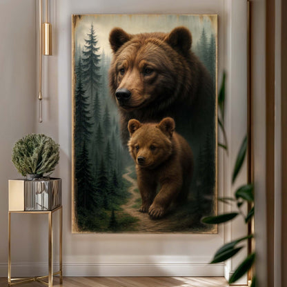 A brown bear and cub blended with a dark pine forest, on a canvas in a styled room