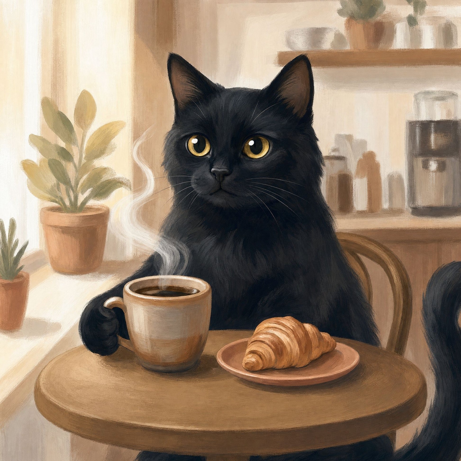 Close view of the black cat coffee poster artwork, the steaming cup and croissant in warm amber and gold tones
