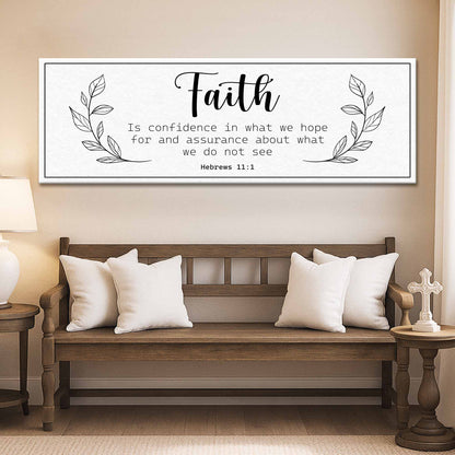 Hebrews 11:1 Faith Is Confidence Laurel canvas shown in a styled room setting, view 2