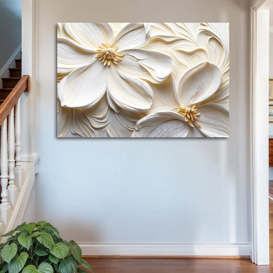 Large White Flowers with Gold Centers canvas shown in a styled room setting, view 2