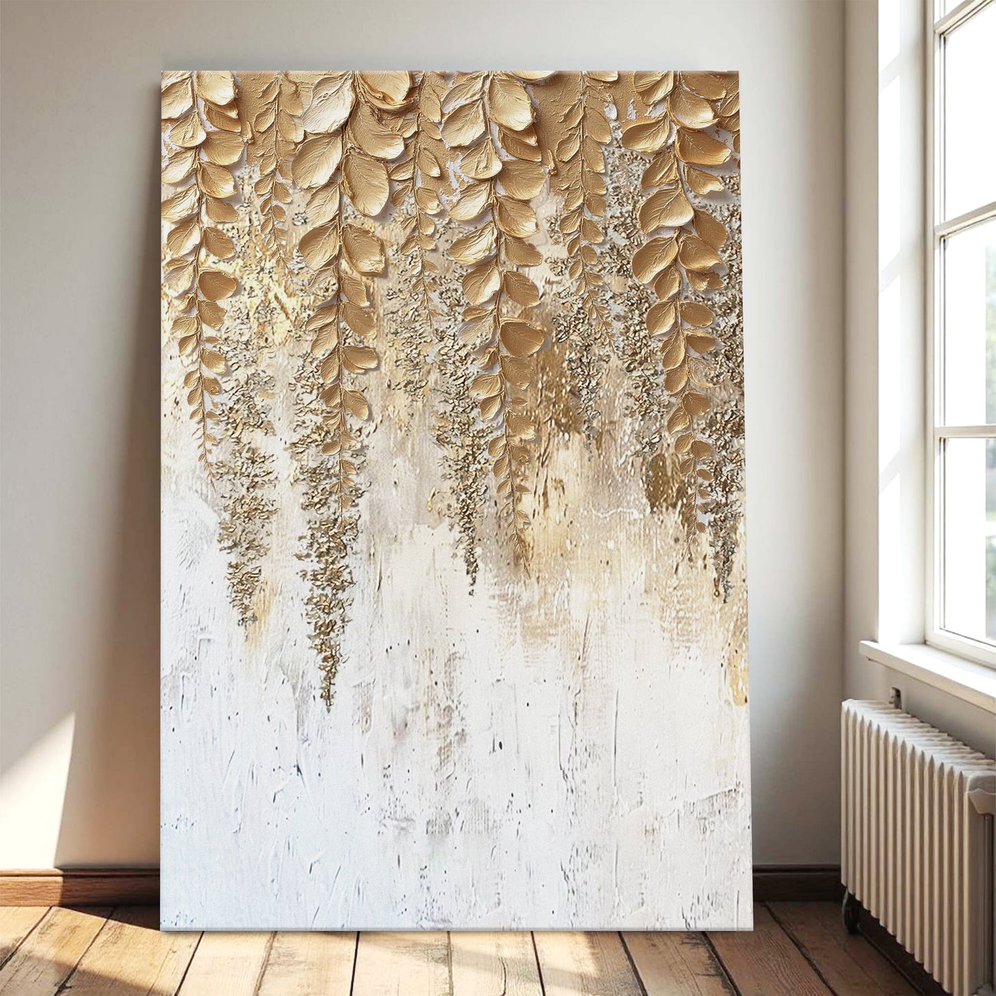 Golden wisteria floral canvas wall art with cascading wisteria blooms in warm gold tones