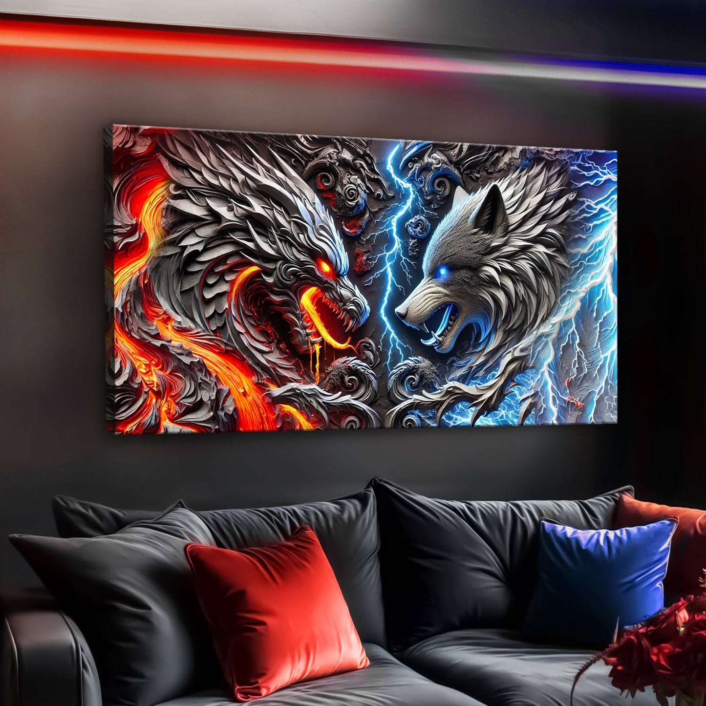 3D Dragon and Wolf Canvas Wall Art IV