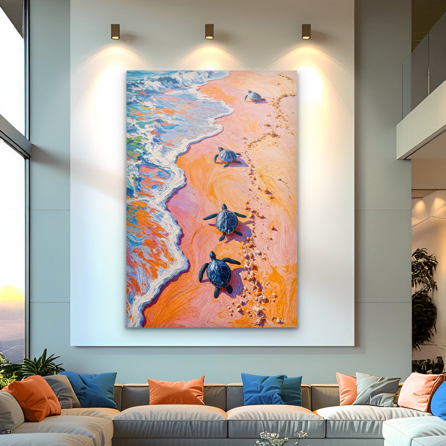 Turtles journey to the sea canvas wall art - sea turtles coastal nature decor