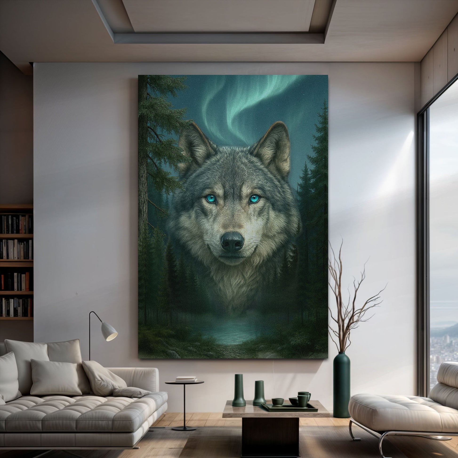 Wolf northern symphony canvas wall art with arctic landscape and wolf portrait
