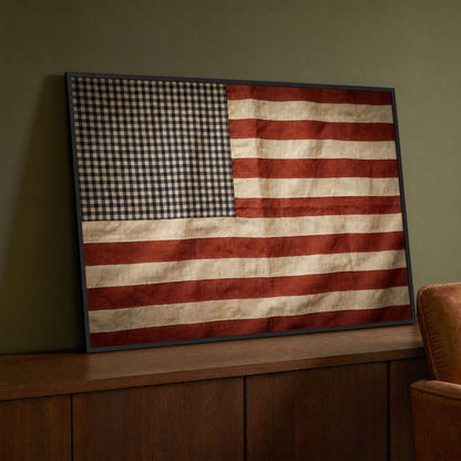 Framed vintage American flag wall art leaning on a walnut sideboard beside a leather armchair in a warm den