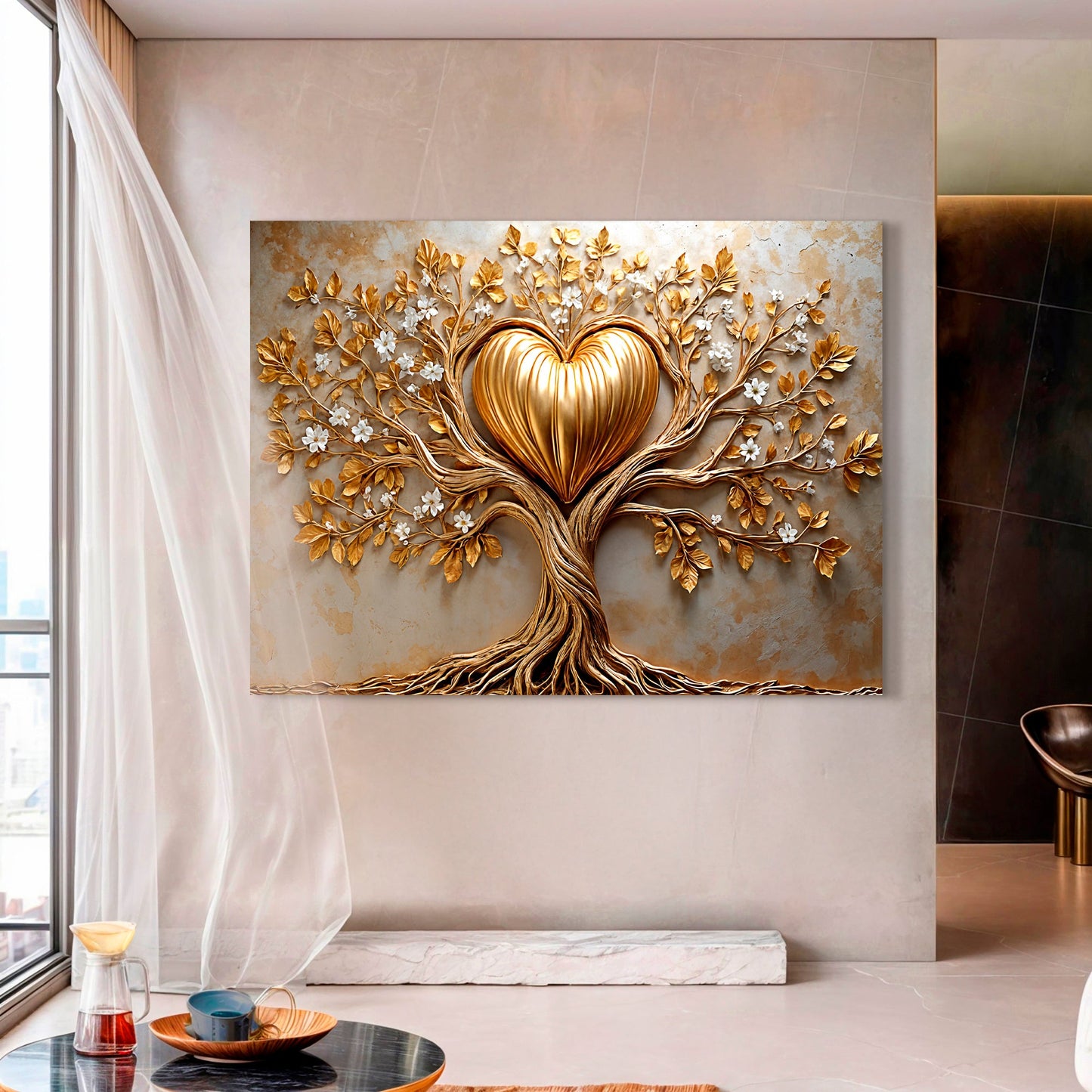 Golden Tree Heart Canvas Wall Art - Nature Love Print