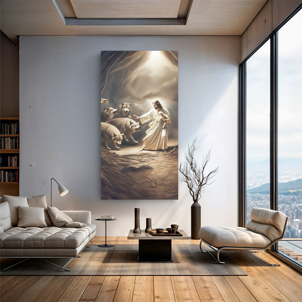 Faith Canvas Wall Art Jesus Shepherd Lamb and Wolf