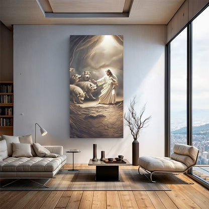 Jesus Holding a Lamb in a Shaft of Light canvas shown in a styled room setting, view 3
