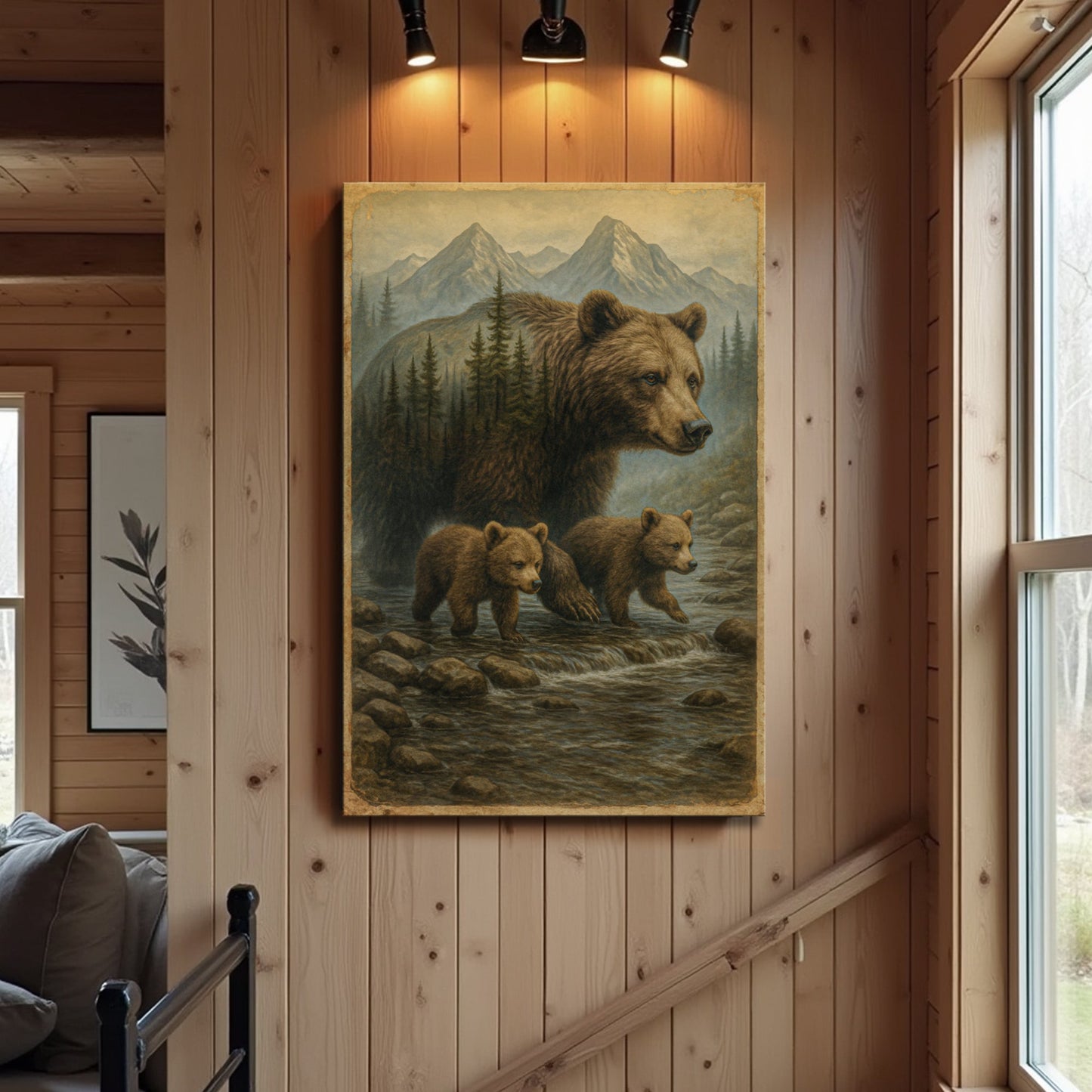 Mother Bear and Cubs Double Exposure Canvas Wall Art